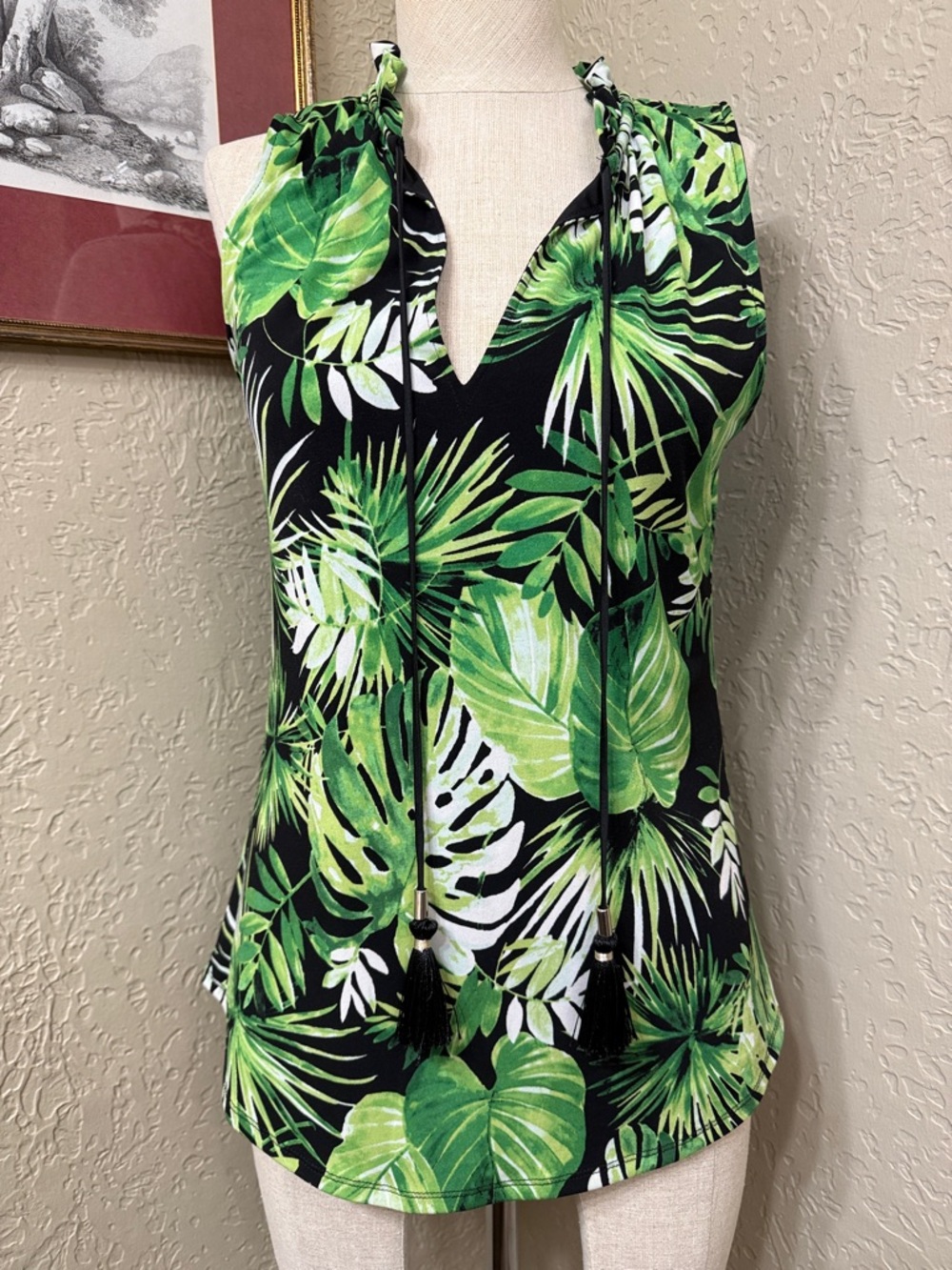 White House Black Market Tropical Leaf Tassle Tank Top - Green & Black XS